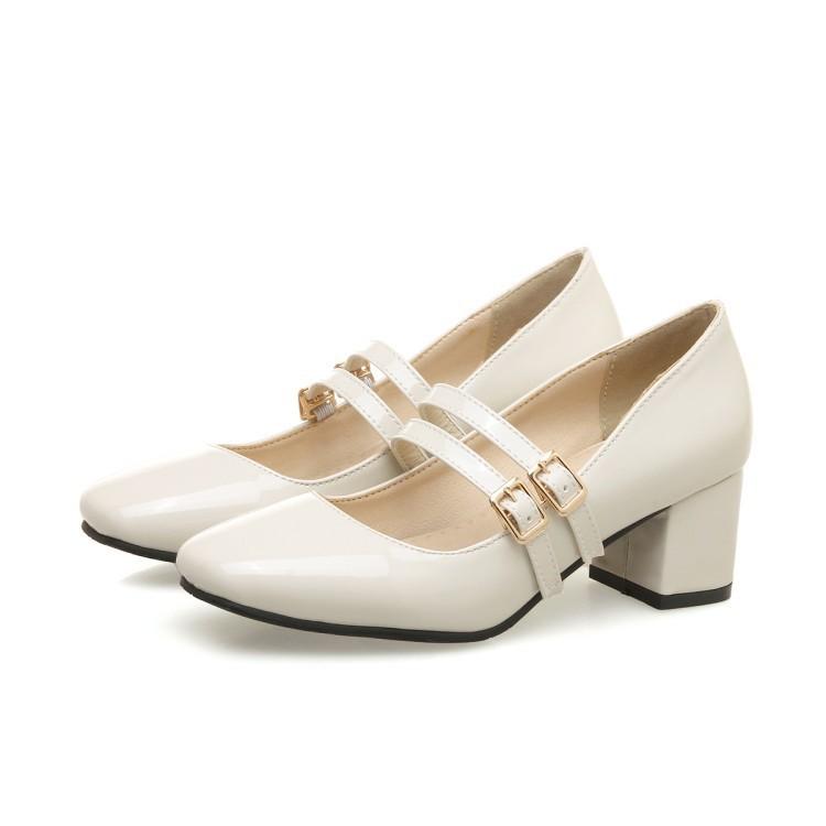 New Belt Buckle Shallow Spring and Autumn Single Shoes Thick Heel Medium Heel Professional Shoes