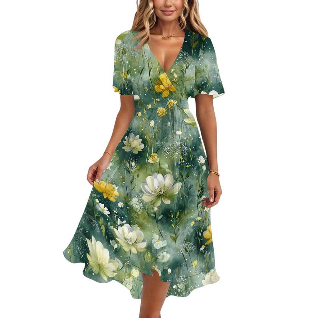Women's Fashion Casual V Neck Short Sleeve Ruffled Vintage Printed Dresses
