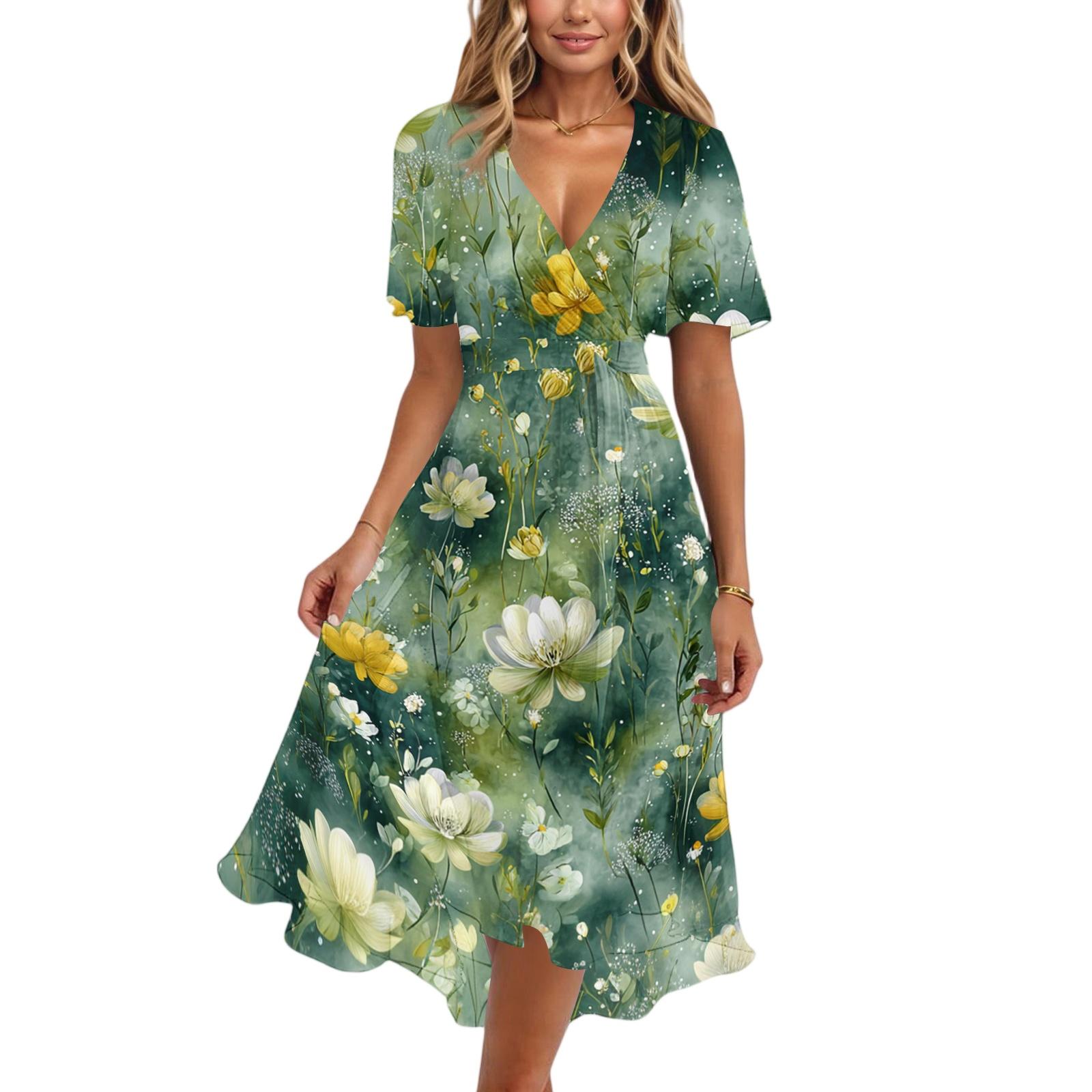 

Women’s Floral Print V Neck Short Sleeve Midi Dress with A Line and Lightweight Fabric for Casual Wear L
