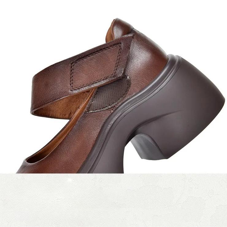 Johnature Thick Soled High Heels Pumps Genuine Leather Round Toe Thick Heel Women's Platform Shoes