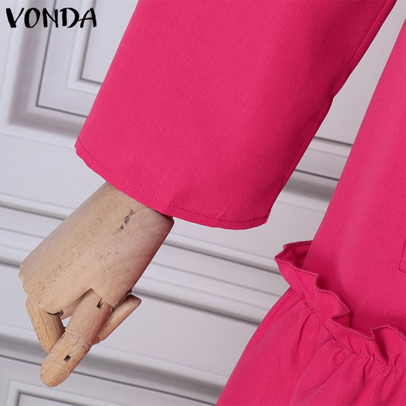 VONDA Kvinner Mote Stand Krage Langermet Ensfarget Ruffle Hem skjortekjoler