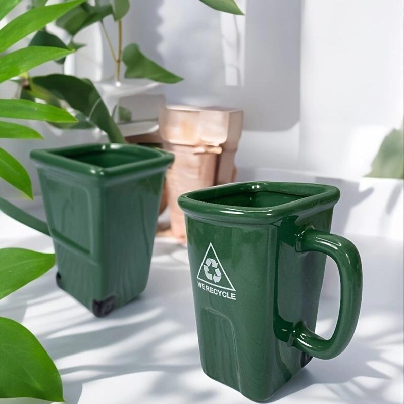 1pc Green Trash Can-Shaped Ceramic Mug , Fun , Creative Design, 380ml Reusable Water Cup with "Waste" Sign, Perfect Gift for Friends, Hand Wash Only