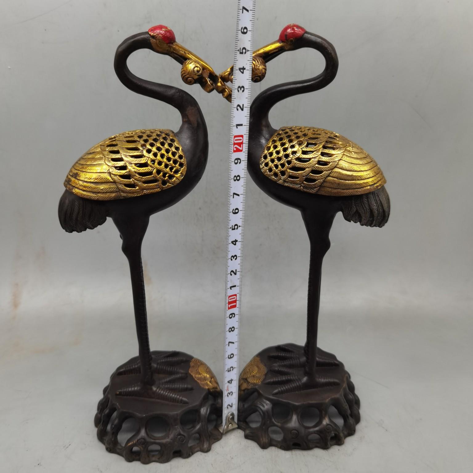 Style Copper Gilt Home Living Room Decoration Antique Copperware Crane Incense Burner Craft