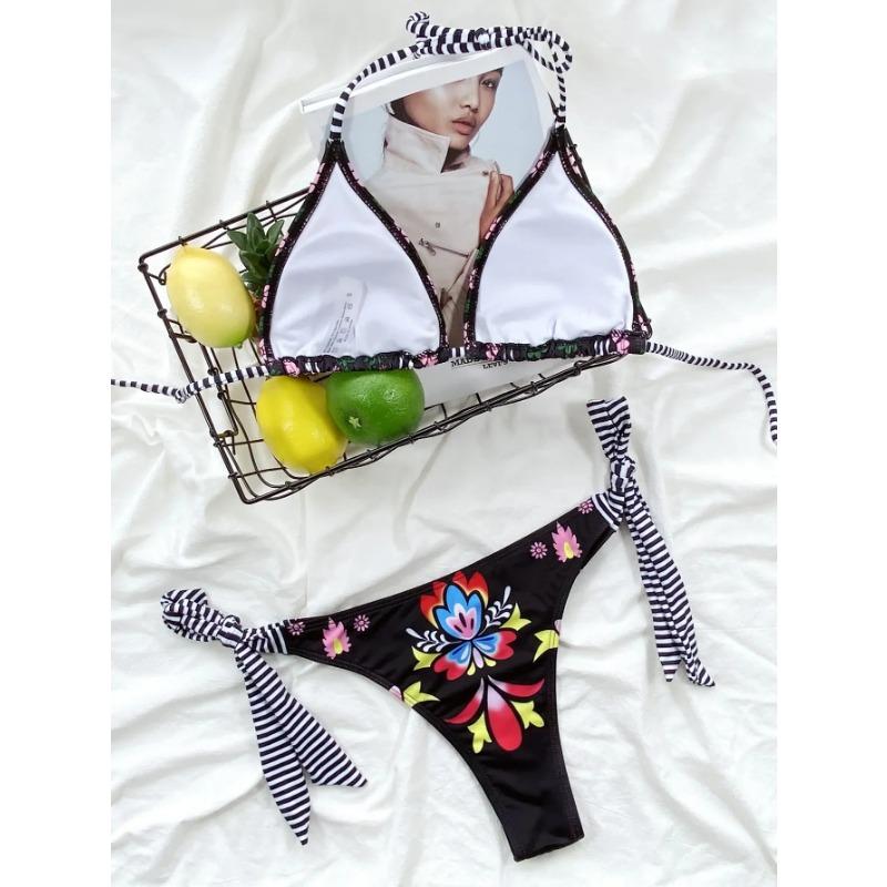 Boho Style Women's Print Micro Bikini Set 2025 New Sexy Halter Lace-Up Swimsuit Backless Push Up Swimwear Bathing Suit Beachwear