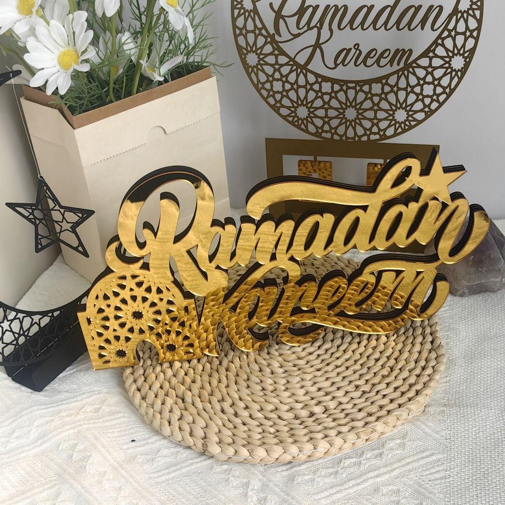 Creative Gold Ramadan Kareem Ornaments Mirror Face Moon Eid Mubarak Figurine DIY Acrylic Desktop Decoration Festival Supplies
