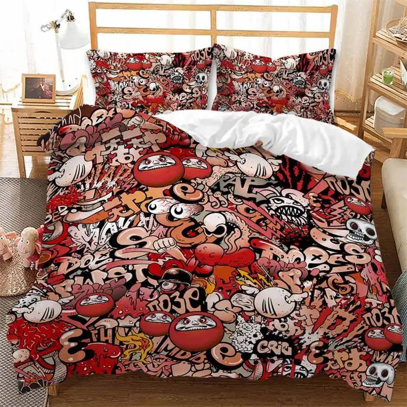 Graffiti Bettbezug Hip Hop Street Culture Print Bettwäscheset Mikrofaser Bunt Überlappende Blockige Buchstaben Kunst Bettdeckenbezug