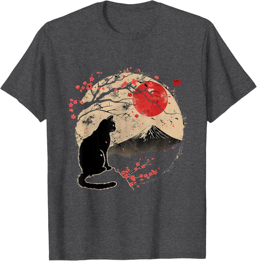 Black Cat Cherry Blossom Graphic Tee Men Casual Cotton T-Shirt