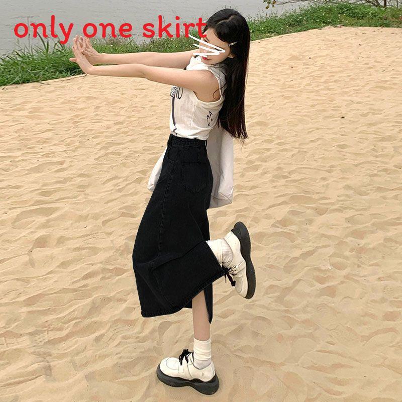 Denim Skirt High Waist Split A Line With Vintage Wash For Summer Casual Wear