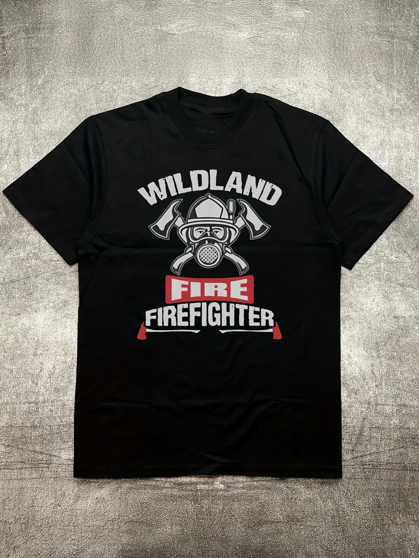 Black Cotton Wildland Firefighter Graphic T-shirt - Heat Transfer Printed Crew Neck Short Sleeve Tee with Crossed Axes & Gas Mask Design XXXL