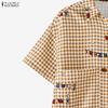 ZANZEA Women Casual Turn Down Collar Loose Short Sleeve Plaid Print Blouse