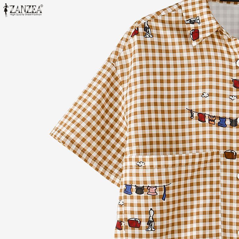 ZANZEA Women Casual Turn Down Collar Loose Short Sleeve Plaid Print Blouse