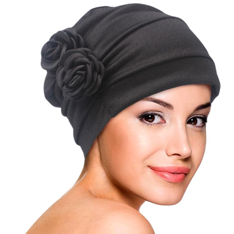 

Нова жіноча однотонна шапка-тюрбан з квітковим декором, шапочка, мусульманський хіджаб, м який головний убір, шапка для хіміотерапії при випадінні волосся, ісламська головна пов язка чорний