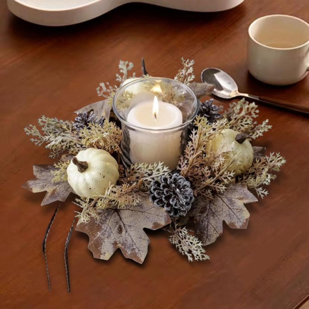 Thanksgiving Candle Ring, Artificial Leaves Pumpkin Wreath, Candle Garland Rings for Festival Fall Living Room Cafe Decor