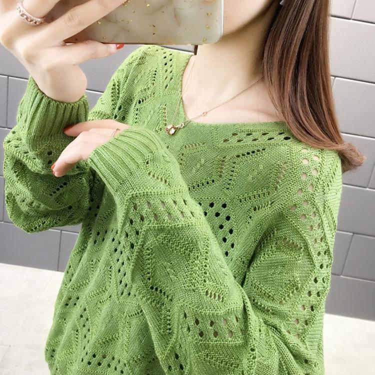 Длинный рукав крючком вязаный топ летний укороченный пуловер женский джемпер с ажурным узором трикотажная одежда для отдыха пляжный наряд в стиле бохо One size зелёный 1396₽