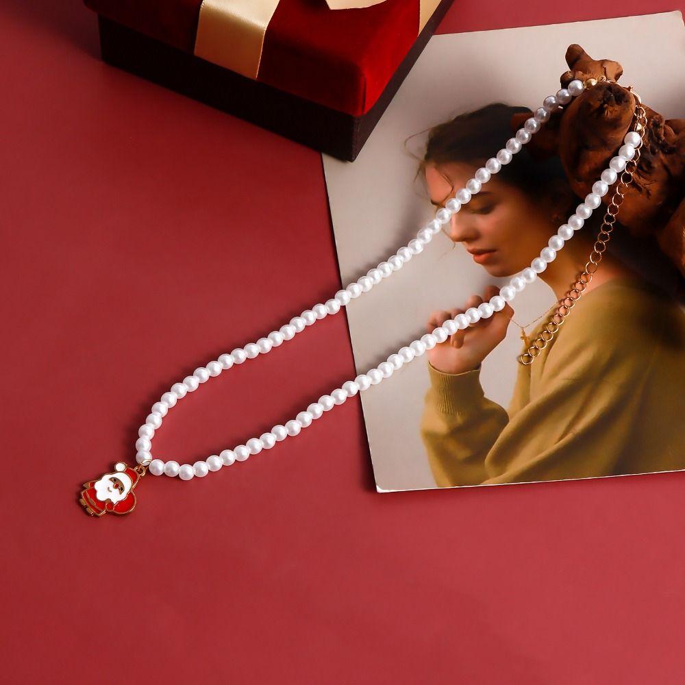 Cartoon Christmas Necklace Clavicle Chain Cartoon Pendant Choker Vintage Pearl Chain Girl