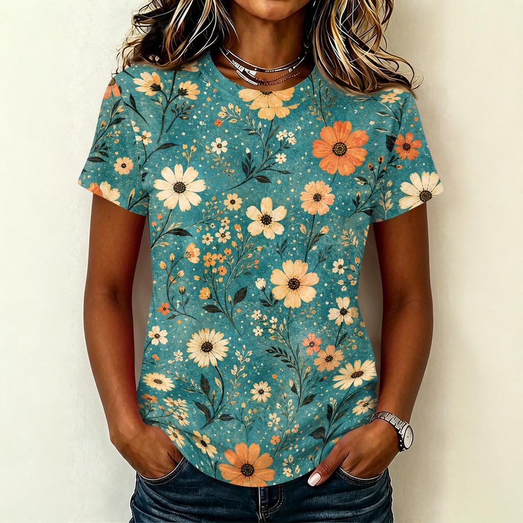 Women's Casual Crew Neck Short Sleeve Pullover T Shirt Floral Print Top Lightweight Soft Fabric Comfortable Fit