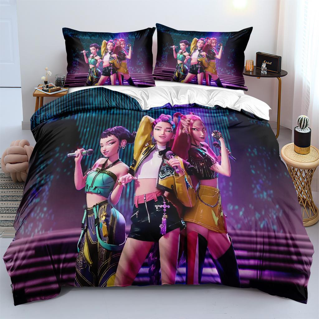3pcs KPop Demon Hunters Bedding Set Anime Print Boys Girls Three Piece Multi Size Quilt Cover Pillow Cover Bedroom Decoration