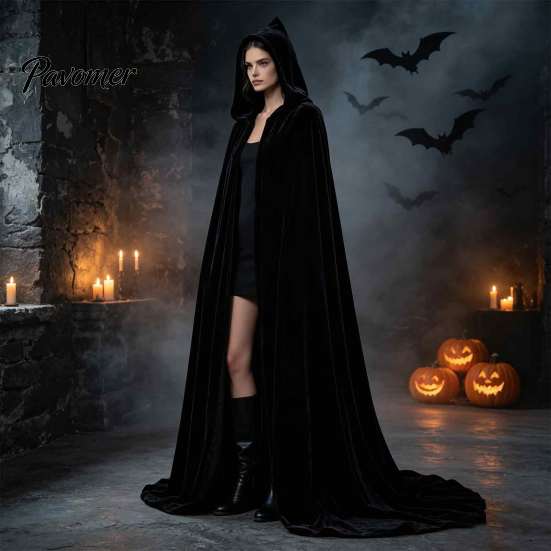 Theatrical Role Play Costume Unisex Adults Hooded Cloak, Velvet Vampire Wizard Cape, Renaissance Mysterious Witch Cape Medieval Halloween for Cosplay,