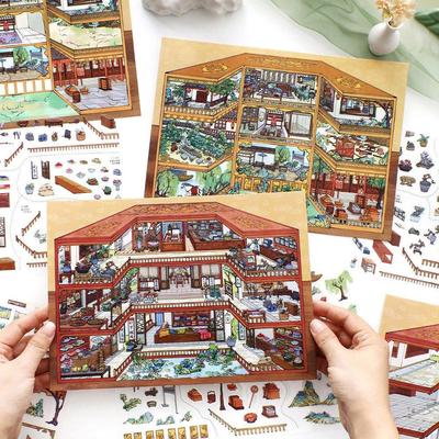 PET 3D Landschaftsaufkleber Chinesischer Stil Miniatur-Szenen-Collage Neues Spielzeug Aufkleber Geschenk