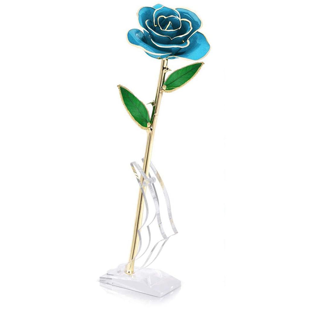 Rose mit langem Stiel, getaucht in 24 Karat Gold, in Geschenkbox mit Ständer (Hellblaue Rose mit Ständer)