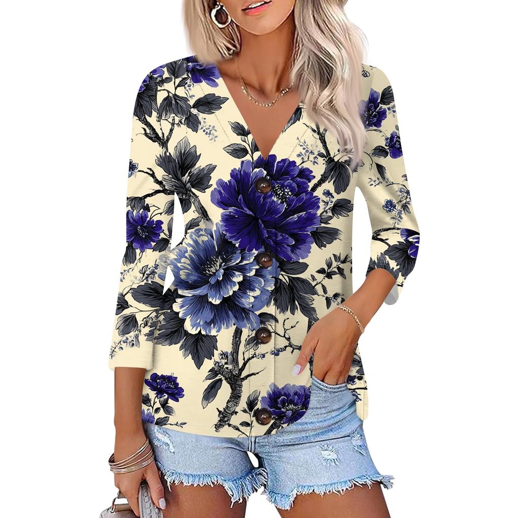 Dames avslappet mote blomsterprint trekvart erme knapp cardigan topp
