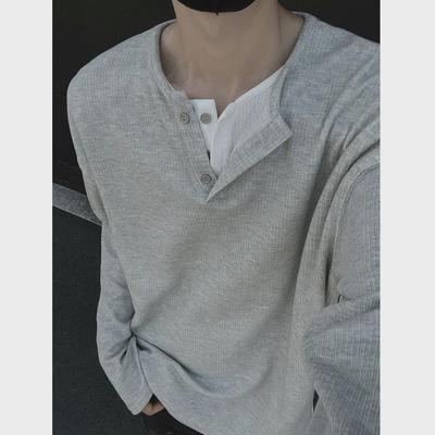 Men's Henry Collar Long-Sleeve Faux Two-Piece Heavyweight T-Shirt for Spring/Autumn 2025
