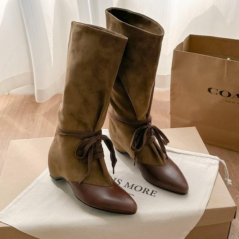 Pile thick heel autumn and winter knight boots pointed new thin but pleated boots knee retro boots women