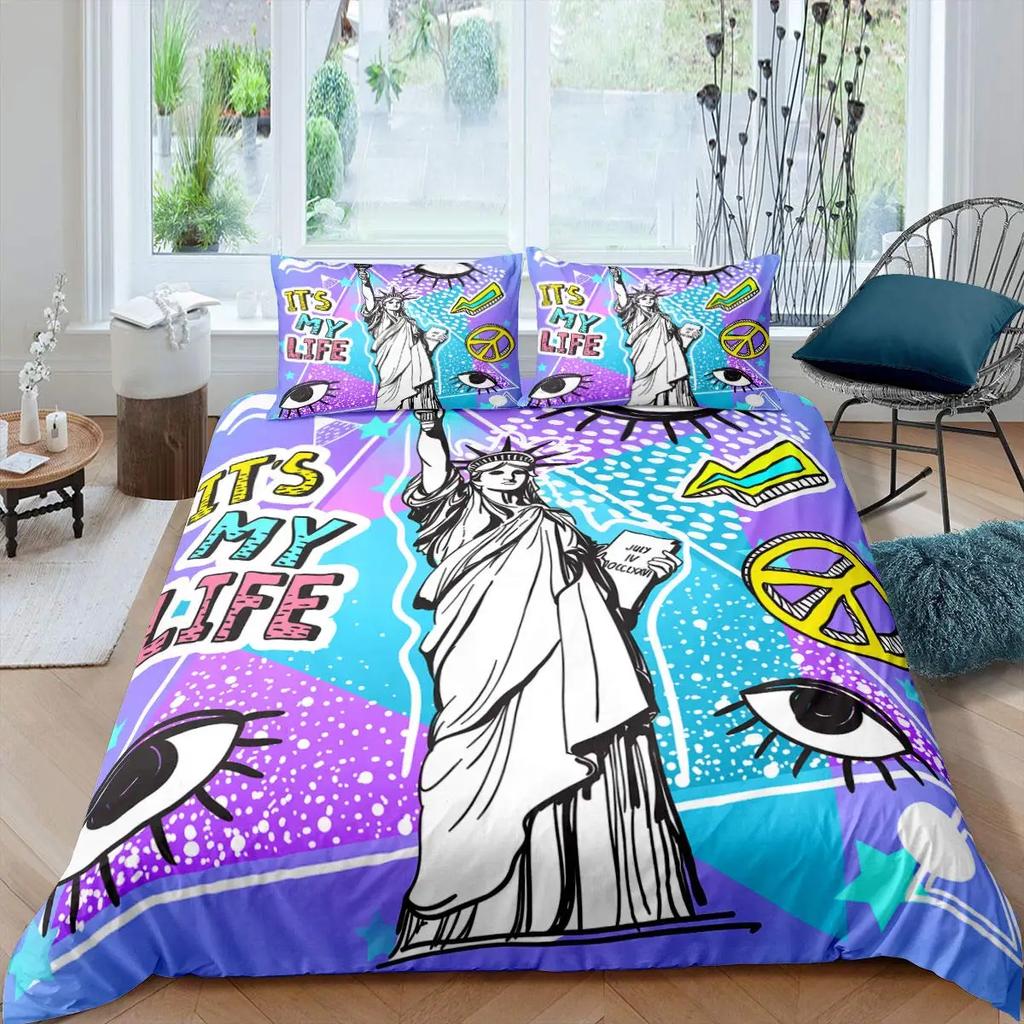 Freiheitsstatue Bettbezug Hip Hop Doppelgröße Friedenszeichen Liebesherz Bettwäscheset Amerikanische Augen Bunt Polyester Steppdecke