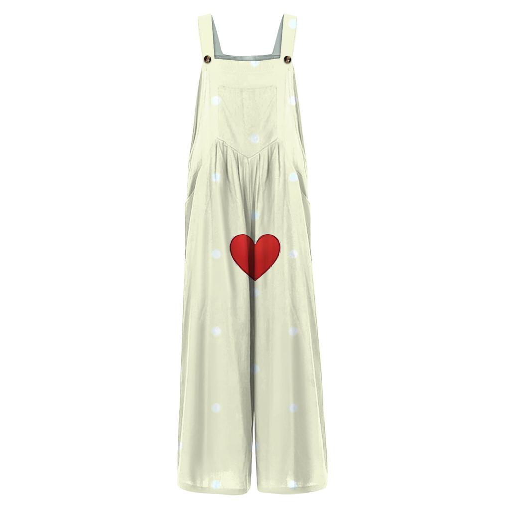 Women's Valentine's Day Printed Casual Loose Retro Cotton Linen Overalls With Pockets