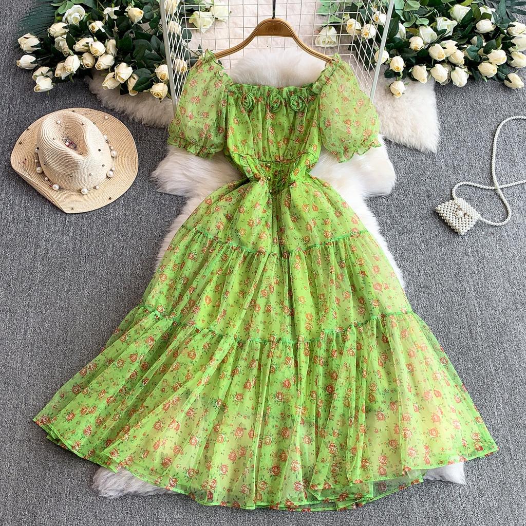 French princess sweet floral square neck bubble sleeve dress women's autumn and winter waist thin lotus leaf edge big swing dress