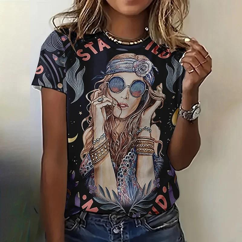 Girl Flower Pattern for Women Exquisite Ethnic 3D Printed Short Sleeves  Summer Casual Loose O-Neck Tops