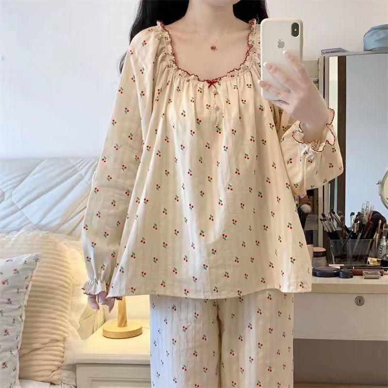Niedliches Prinzessinnen-Pyjama-Set im koreanischen Stil: Kurzärmeliges Oberteil & Langärmelige Hose für Damen