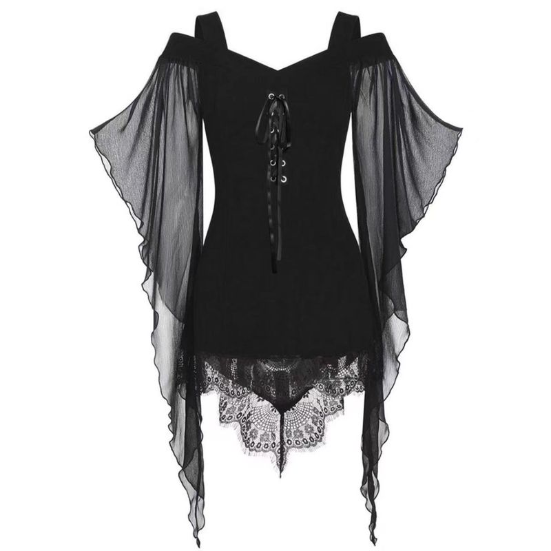 Autumn New Women Clothes Gothic Big Hemline Sleeve Irregular Patchwork Lace Witch Sling Lace Up Dress