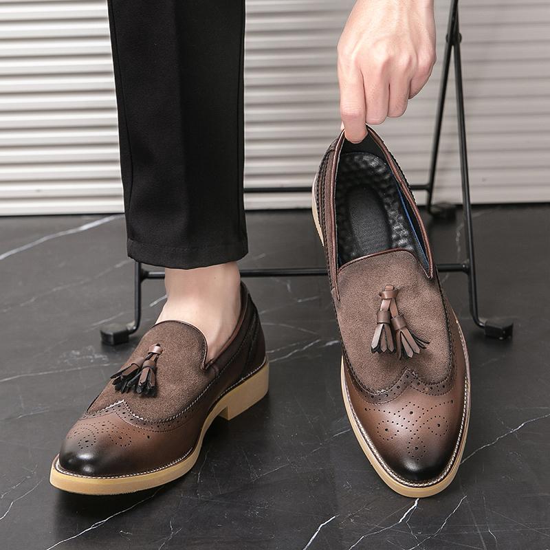 Modă Modă Ciucure Derby Piele Pantofi Bărbați Negru Brogue Slip On Solid Simplu Rochie Business Casual Petrecere Nuntă Pantofi Plați Pentru Bărbat