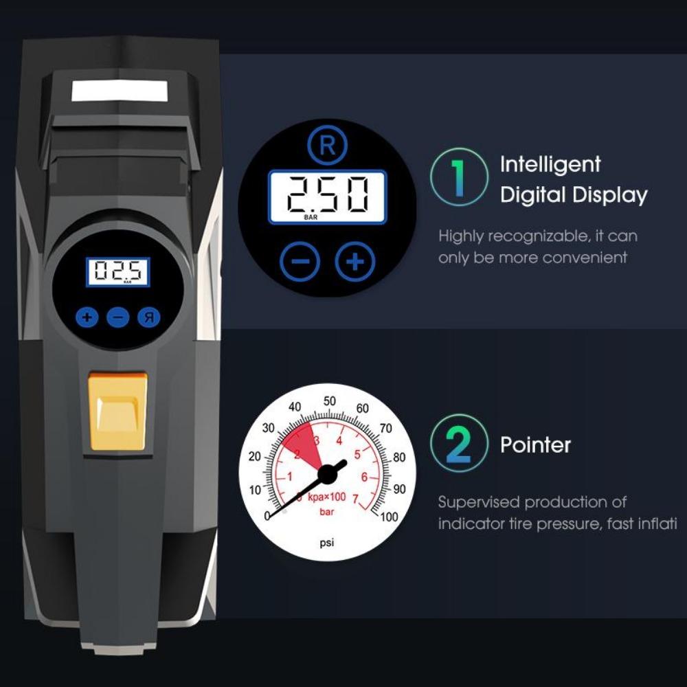 Przenośna pompka do opon 150 PSI ze światłem LED - Cyfrowa pompa kompresora powietrza do samochodu, motocykla, roweru - Półautomatyczna, trwały materiał ABS