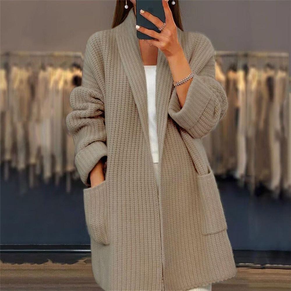 Women s V Neck Long Sleeve Knit Cardigan Loose Fit Elegant Solid Color Thick Mid Length Knit Coat Sweater S хаки