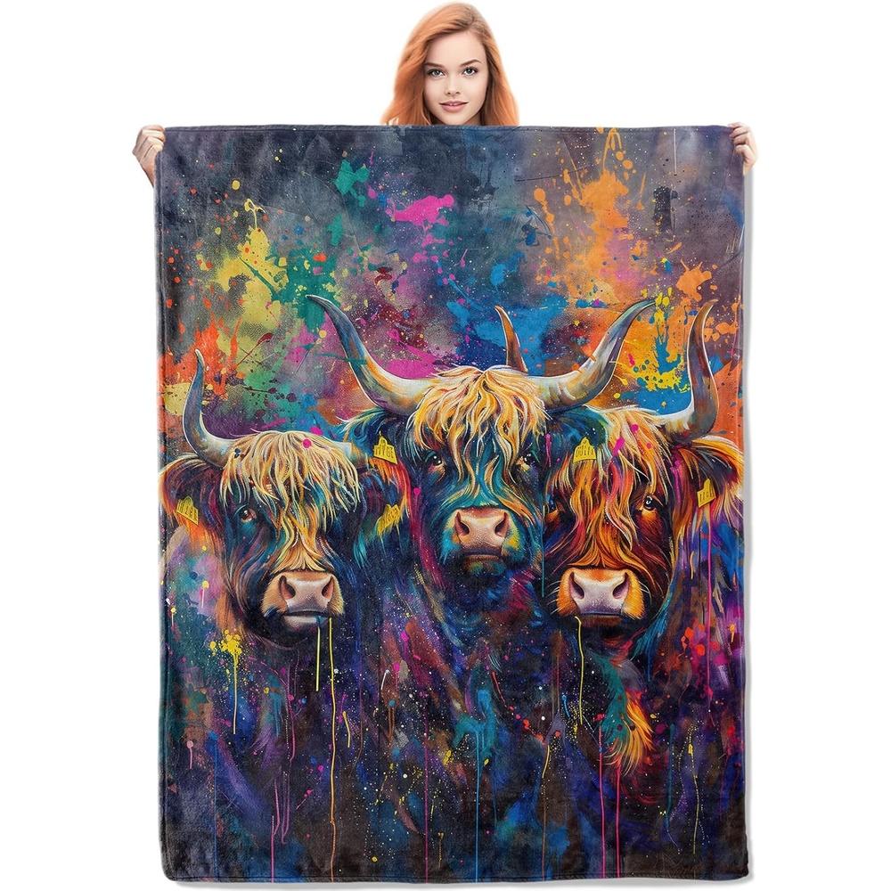 Colorful Highland Cow Blanket Gifts for Women, Animal Highland Cow Flannel Blanket, Soft Warm Lightweight Throw Blankets for Bed 75X95CM