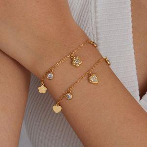 18K Gold Plated Stainless Steel Cubic Zirconia Flower Charm Bracelet Trendy Geometric Anniversary Jewelry