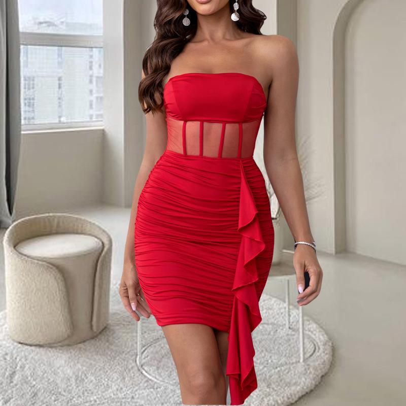 

European and American fashion new party dress slim-fitting sexy tube top dress mesh stitching design hip-wrapped short skirt XS красный
