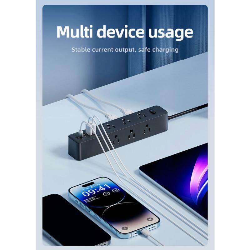 Flat Plugs Surge Protectors Power Strips 9Outlets 3USB/2 USB C Port Wall Mountable Design For Home Office Dorm Essential