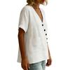Women's Button-down V-neck Plain-colored Cotton And Linen Blouse