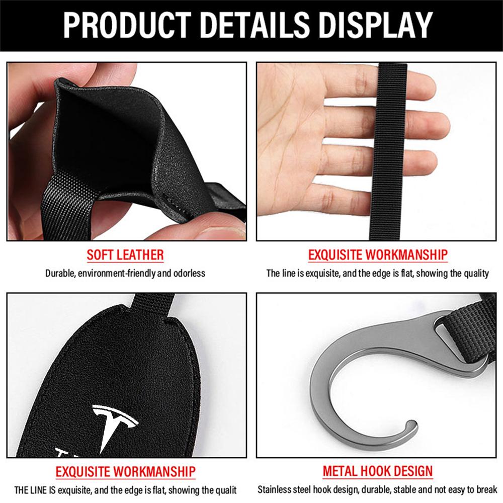 NJUT5 1pc Pu Leather Car Rear Seat Back Portable Hanging Hook For Tesla Model 3 S Y X Highland Roadster Auto Valve Cap Accessories