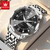 OLEVS Watch for Men Solid Steel Strap Fashion Rhombus Mirror Dual Calendar Business Men's Wristwatch Original Quartz Watch 3759