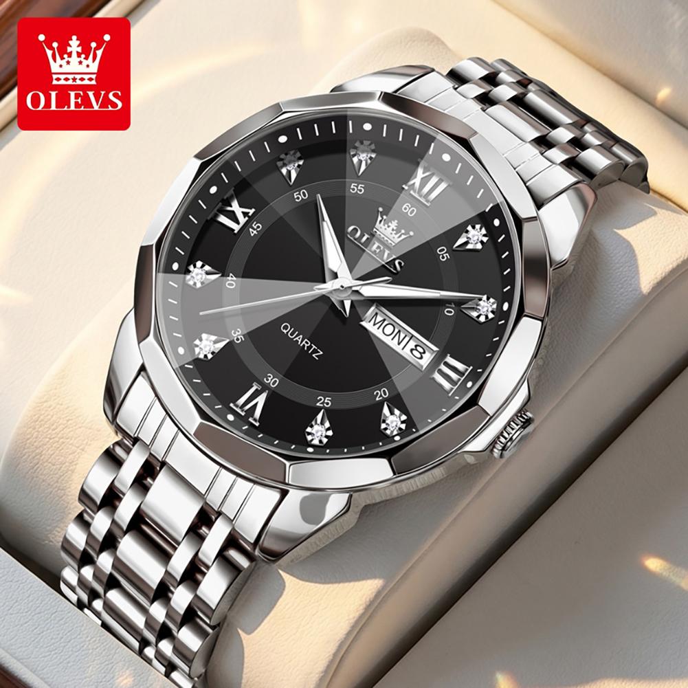 OLEVS Watch for Men Solid Steel Strap Fashion Rhombus Mirror Dual Calendar Business Men's Wristwatch Original Quartz Watch 3759