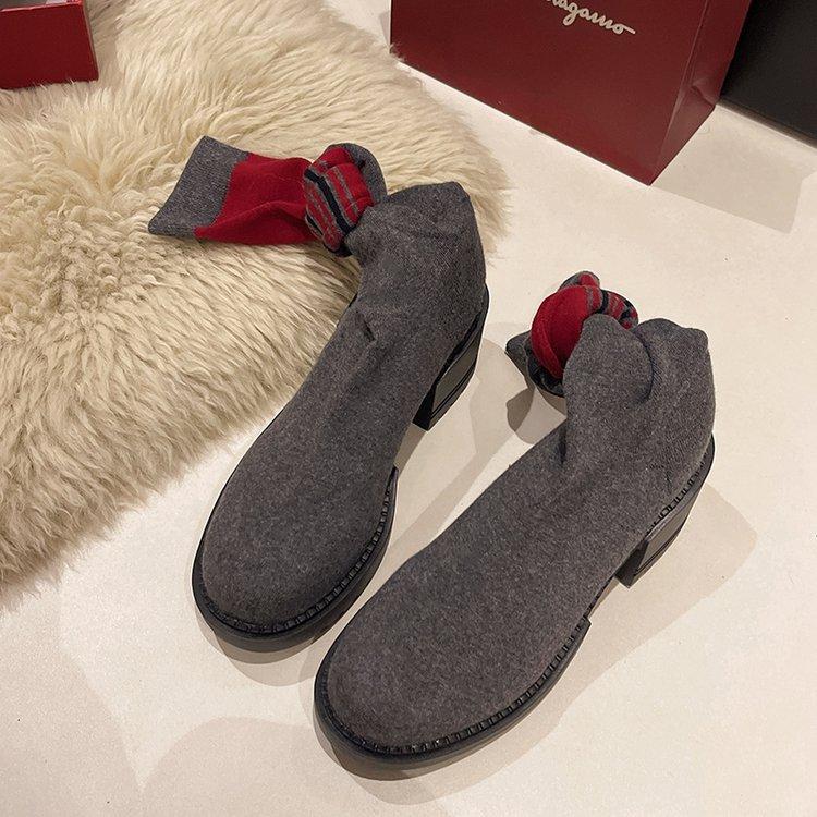 

[youshilai] Elastic socks boots women s long tube knitted knee thick heel round head thin boots high boots women 42