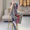 Rainbow Stripe Pleated Two-Piece Set: Round Neck Top & Loose Straight-Leg Pants for Women