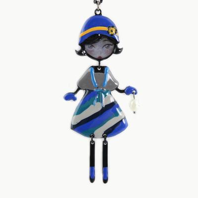 [R6262] - Designer Long Necklace 'Lilipoupettes' (articulated Doll) Blue Gray - 10x4 Cm