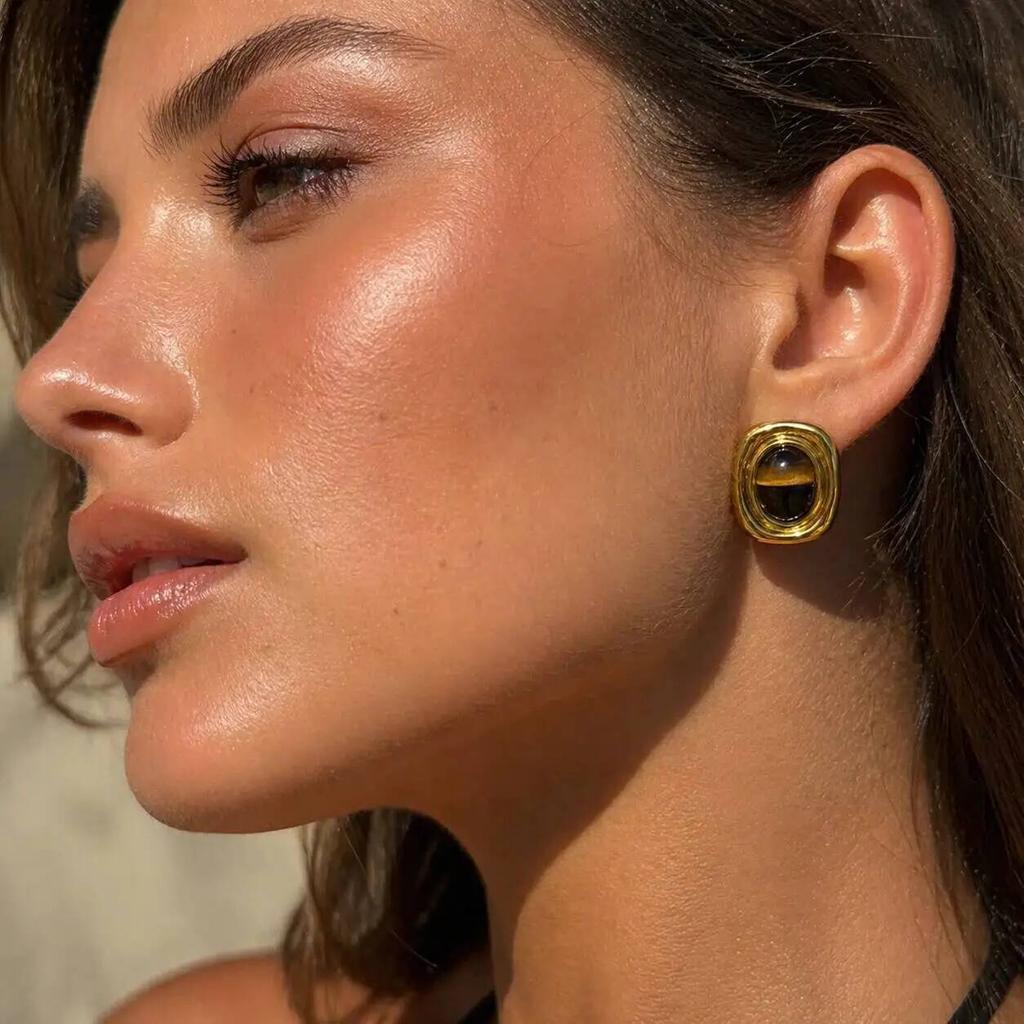 IngeSight.Z Classic Retro 18K Gold Plated Stainless Steel Stud Earrings Women Fashion Natural Stone Square Geometric Ear Jewelry