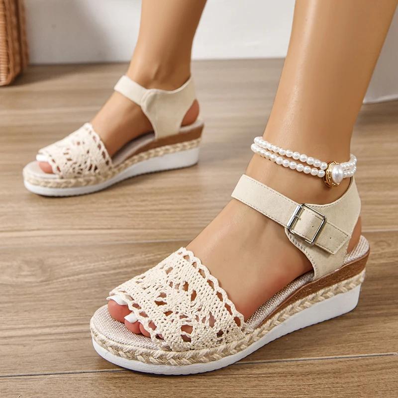 Fashion Hollow Espadrilles Wedge Sandals for Women Summer 2025 Peep Toe Ankle Strap Platform Sandals Woman Thick Sole Casual Beach Shoes