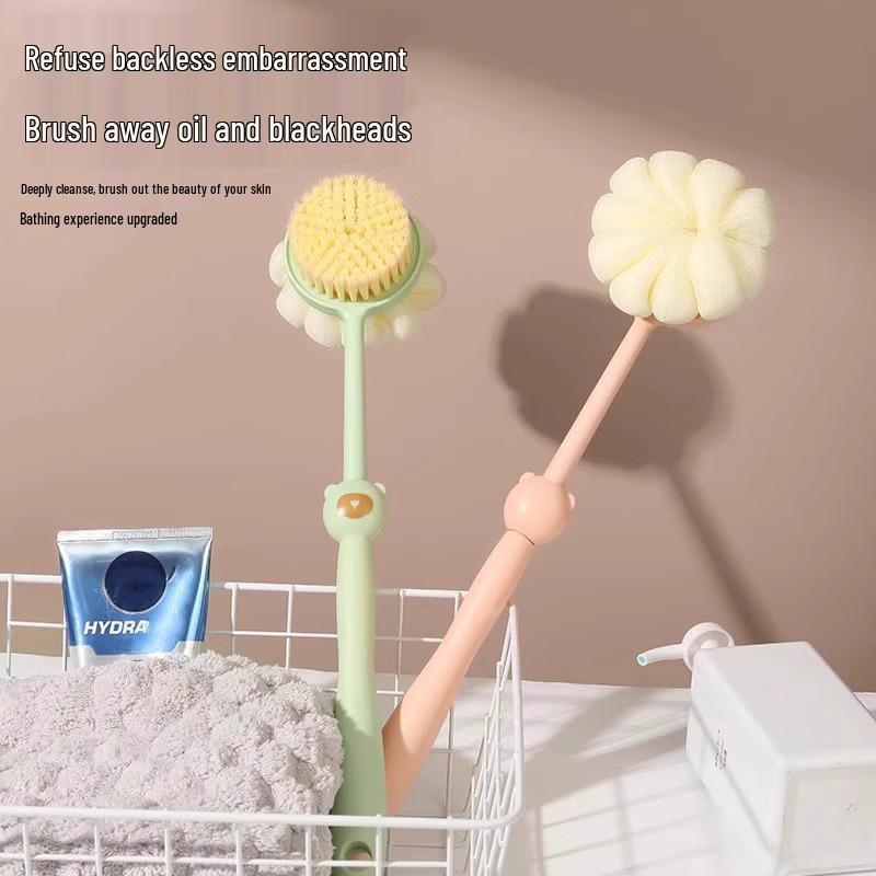 Dual-Purpose Long-Handled Bath Brush & Scrubber with Soft Bristles and Bath Ball Towel